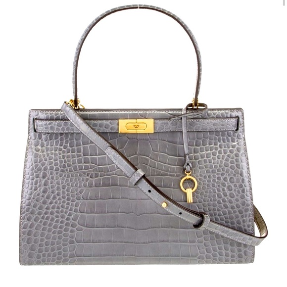 LEE RADZIWILL TORY BURCH BAG CROC EMBOSSED GREY CREAM SATCHEL SHOULDER BAG PURSE - Picture 1 of 13
